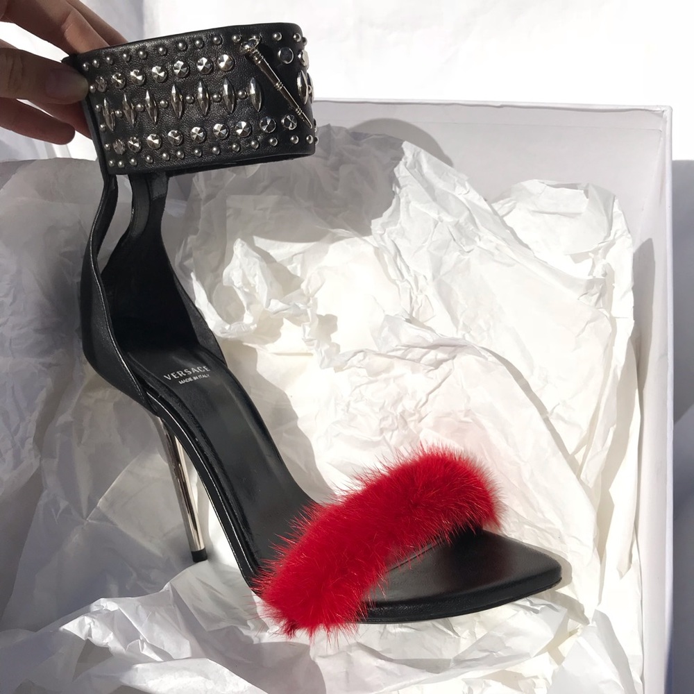 Beautiful red fur Versace ankle strap heels, with sole protector.